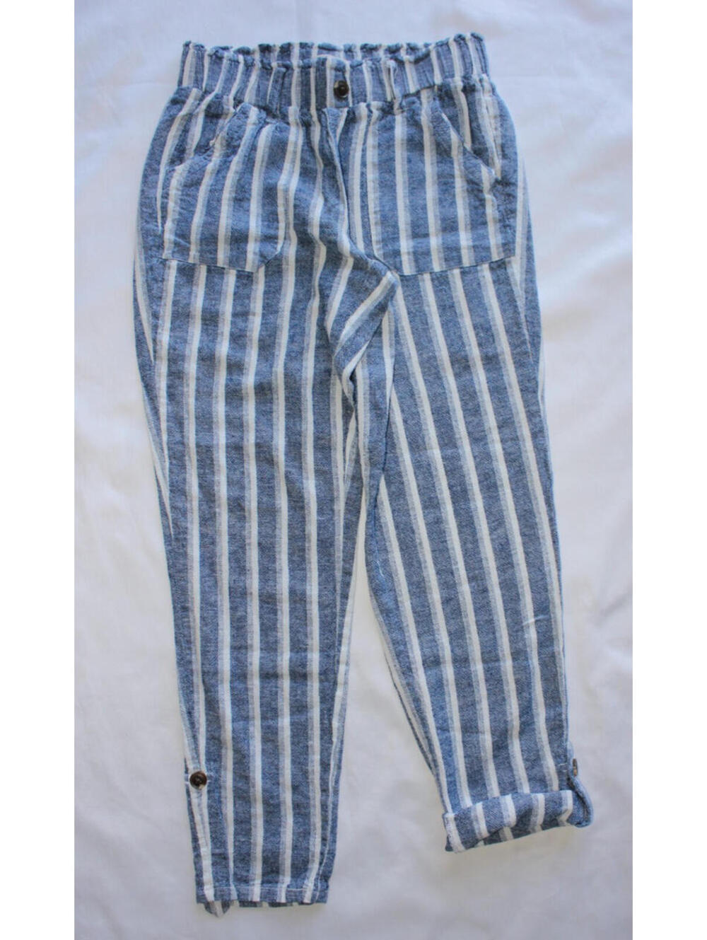 So Pants Size S Blue White Striped Pull On Linen Rayon Mid Rise Pockets Roll Tab
